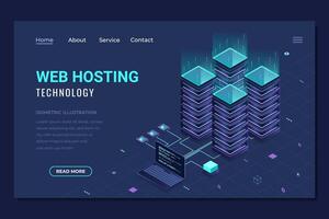 Isometric web hosting landing page. Computing cloud and connections. Web hosting concept. Landing page template design. Isometric technology vector