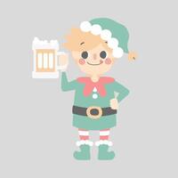 merry christmas and happy new year with cute little elf dwarf holding glass of beer vector