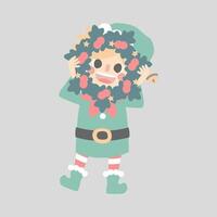 merry christmas and happy new year with cute little elf dwarf holding wreath vector
