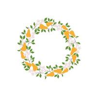 Pears sign border with whole fruit, leafs, blooming flowers for text. Hand drawn label with fruits tree on isolated background. illustration for logo, paper, card, template. Food and harvest vector
