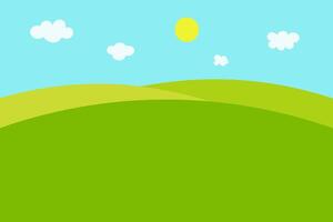 Banner with Landscape, green grass field, sun, clouds, blue sky for text. Hand drawn summer abstract background horizontal illustration. Card border with cloudless weather, summertime, nature vector