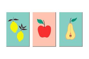 Posters with Fruits harvest in minimalist conceptual style. Modern Border Cards with lime, pear, apple, leaf. Design backgrounds for printing, menu, wallpaper, template. Food, summer, fruity vector