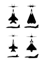 silhouette top side and front views of different fighter jet vector