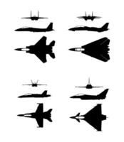 silhouette fighter jet with top, side, front view vector