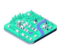 Isometric Landscape from a Bird's Eye View. Village with houses, trees, river and church. Rural 3d Town with modern and traditional buildings. Countryside map Platform with nature and architecture vector