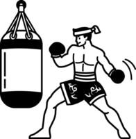 black and white single icon of Muay Thai boxer punching a boxing sandbag vector