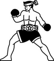 black and white icon of Muay Thai boxer wears boxing belt award vector