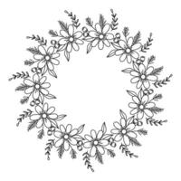 Doodle illustration of a circular wreath made of abstract flowers and leaves, drawn with black lines on a white background. vector