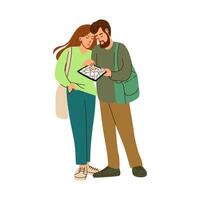 Young couple with shoulder bags checking a digital map on a tablet, isolated on white background. vector