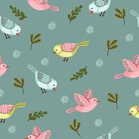 Seamless pattern featuring fantasy birds in pastel tones on dark background, perfect for textile design, wallpapers, and gentle decor themes. vector