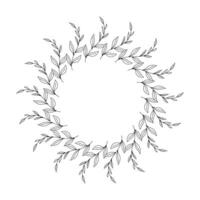 Doodle isolated circular wreath made of abstract plant branches with leaves on a white background. vector