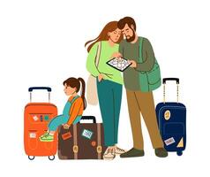 Illustration of a couple with shoulder bags checking a map on a tablet, while their young daughter sits on a suitcase beside them vector