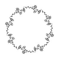 Doodle isolated circular wreath made of abstract plants on a white background. vector