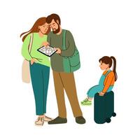 Couple checking a map on a tablet, with a small girl sitting on a suitcase beside them. vector