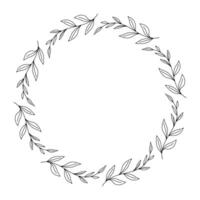 Doodle illustration of isolated circular wreath made of abstract plant branches with leaves, line art on a white background. vector