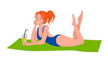 Cheerful red-haired woman in a swimsuit lying on a mat, holding a transparent glass with a cocktail and straw, isolated on white. vector