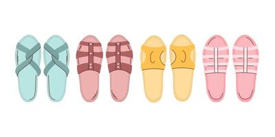 Collection of colorful summer sandals, featuring different styles and colors against a white background. vector
