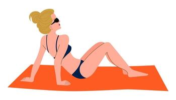 Flat illustration of a blonde girl in a swimsuit and sunglasses sitting on a mat, isolated on white background. vector
