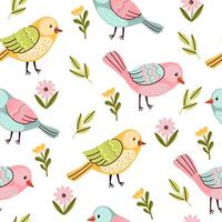 Seamless hand drawn pattern with fantasy pastel birds, flowers, and branches on a white background in a cute cartoon style vector
