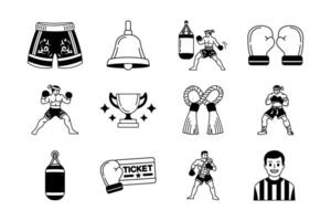 black and white icons of muay thai boxing collection vector