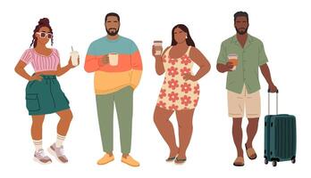 Set of different people standing with coffee cup vector