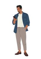Man in smart casual summer clothes with smartphone vector