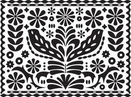 This black and white graphic features a vibrant, symmetrical folk art pattern reminiscent of traditional Mexican textiles. vector