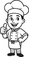 A cartoon black and white silhouette illustration of a chef with a joyful expression, giving a thumbs-up. vector