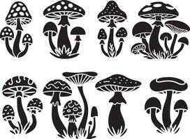 mushroom silhouette bundle, black mushroom clipart, magical forest fungus set, whimsical mushroom stencil design vector