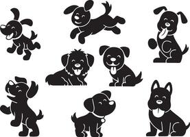 A collection of cartoon cute dog silhouettes in different poses, puppy icons vector