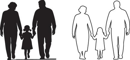 Silhouette and outline of grandparents walking hand in hand with granddaughter. vector