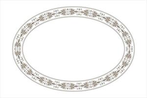 Decorative oval frame with gold floral greek pattern on white background. Oval floral european national pattern frame arabesque. Lace frame for oval surface, invitation, textile, embroidery, porcelain vector