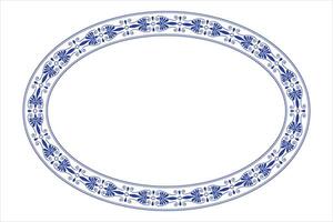 Blue oval plate with floral design. Oval floral european pattern frame arabesque. Vintage, ethnic frame with greek pattern. Pattern frame for oval surface, textile, embroidery, ceramic, porcelain vector
