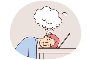 Tortured man put head on keyboard with laptop due to overworked and long lack of rest vector