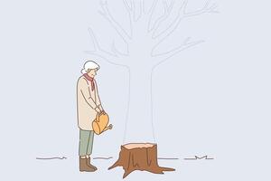Elderly woman is upset about deforestation, stands near stump and holds watering can in hands vector