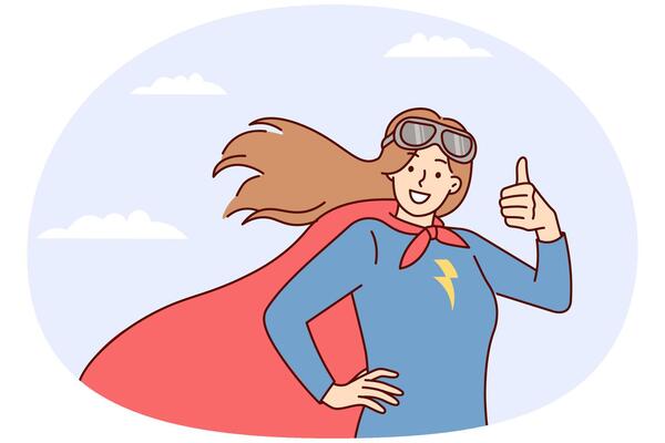 Woman superhero with picture of lightning on chest shows thumbs up on background of cloudy sky