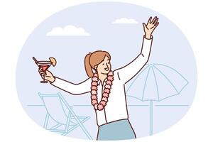 Happy woman in business clothes stands on beach with cocktail in hands dances at beach party vector