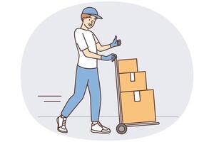 Man at warehouse worker carries cargo cart with cardboard boxes and shows thumbs up vector