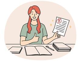 Happy girl student rejoices at average mark for test sits at table with books and pen vector