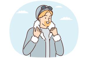 Man in jacket with fur collar looks into distance and smiles while on winter journey vector
