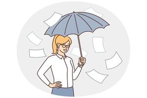 Business woman take refuge with umbrella from falling documents hiding from paperwork vector