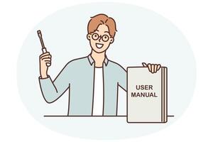 Guy with screwdriver shows book with inscription user manual recommending use educational literature vector