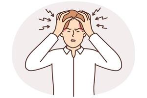 Tormented man clutches head and squints due to overworking and large number of work tasks vector