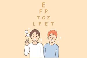 Vision test for children standing near pyramid of letters and smiling at screen. vector