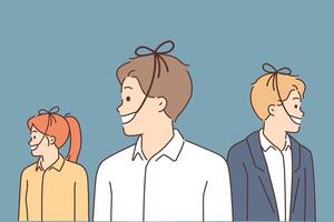 False smiles on business people with ropes tied to mouths to demonstrate artificial happy vector