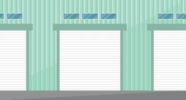 Exterior view of a warehouse building with windows and three roller shutters. Warehouse, logistics. vector