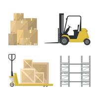Warehouse elements icons set. Forklift, boxes, crates, shelves and cargo trolley. Logistics. vector