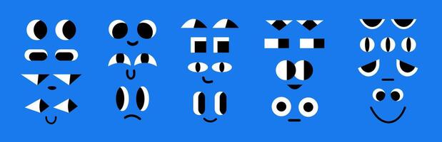Abstract cartoon eyes and mouths muzzle in flat style. Collection of kids funny face elements. Geometric crazy eye vector