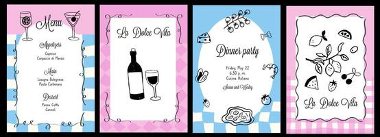 Hand draw la dolce vita breakfast doodles on checked background. Posters with food crayon drawing style. vector