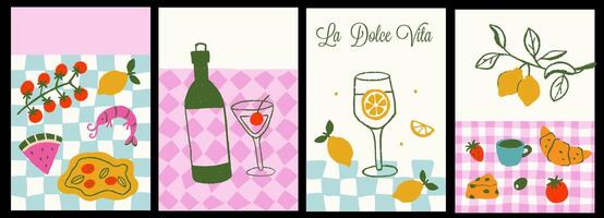 Abstract posters with la dolce vita breakfast doodles. Banners with colorful food crayon drawing style. Flier for invitations, menus design vector